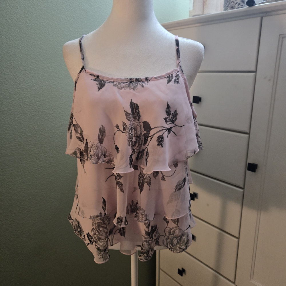 Vintage Xhilaration Pink & Black Floral Ruffle Top